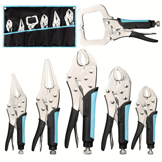 Vice Grips / 6pcs Locking Pliers, Vice Grips Pliers Set, 5", 7" & 10" Curved Jaw Locking Pliers, 6-1/2" & 9-1/2 Long Nose Locking Pliers, 6" Locking C-Clamp, Two-Color TPR Handle, Roll Up Pouch Included