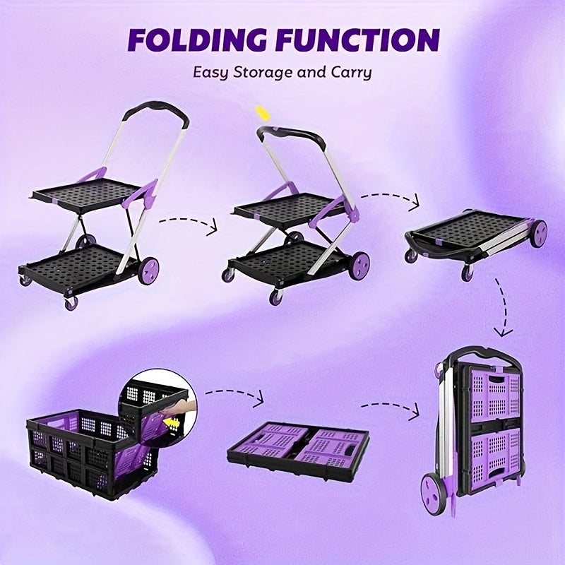 2-Tier Folding Utility Cart with Wheels - Pink & Black Aluminum Shopping Trolley, Double-Collapse Design for Groceries, Malls, and Outdoor Use, Grocery Cart, Mall Shopping, Modern Cart, Durable Construction