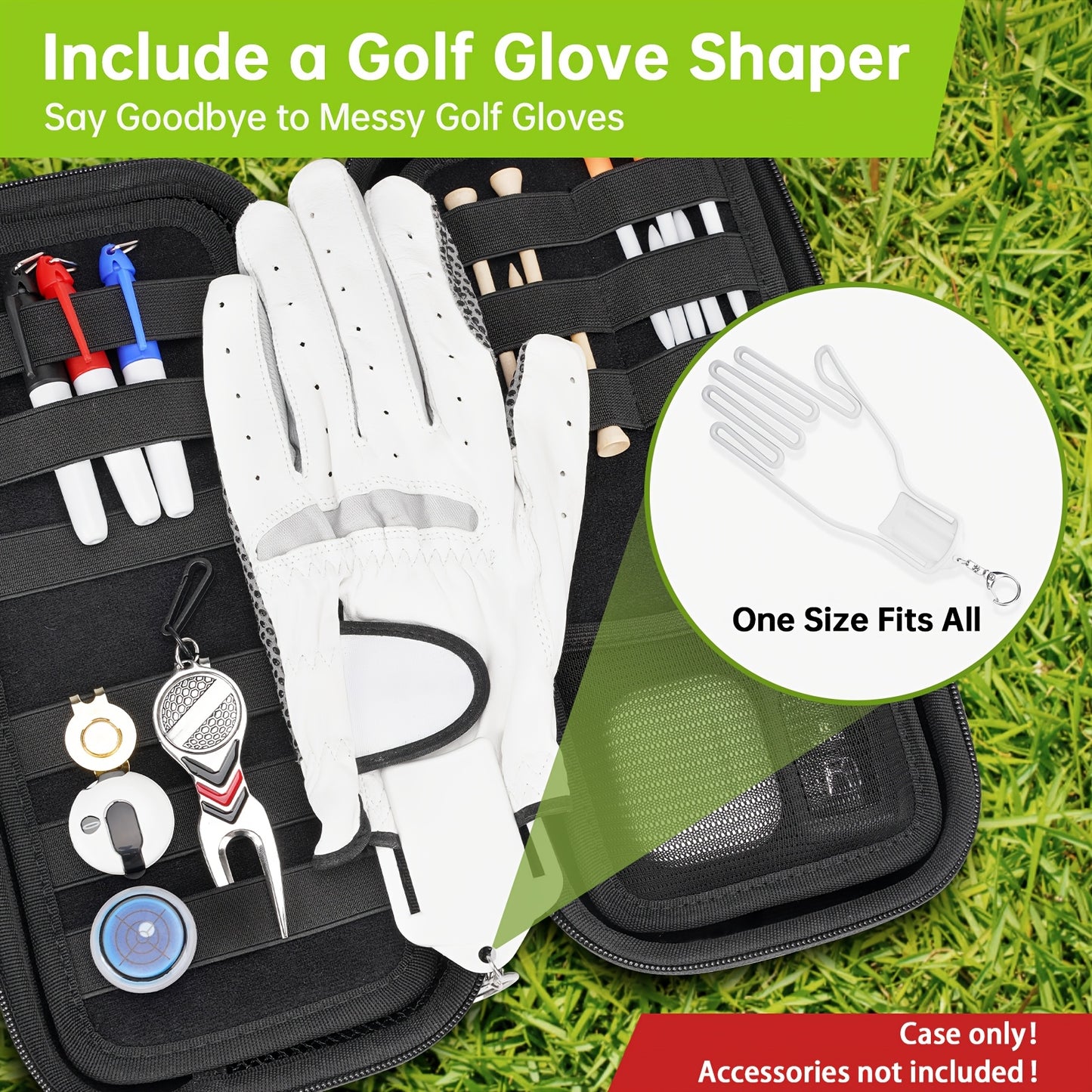 Golf Glove Holder with Removable Golf Glove Shaper, golf accessories for men, golf accessories, Protective Hard Shell Golf Accessories Case Bag with 2 Dividers Fits Balls, Tees, Markers, Golf Essentials, Golf Gifts for Men, B