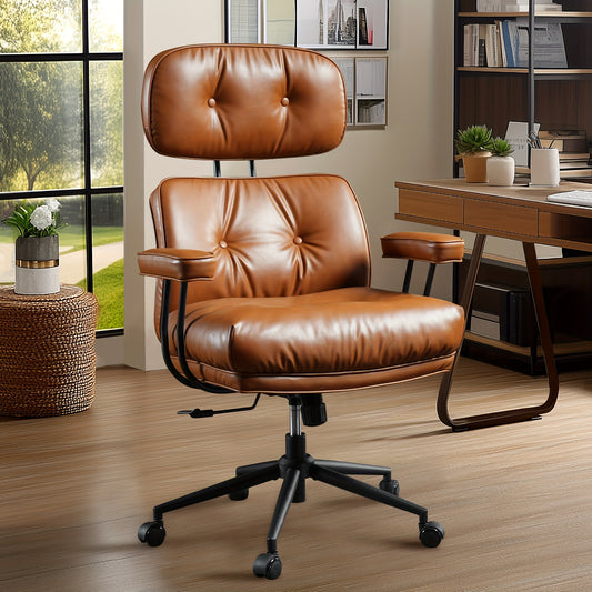 Oversized Modern PU Leather Executive Chair - Ergonomic High-Back Office Chair with Lumbar Support, Adjustable Height & Headrest, Padded Armrests, Heavy-Duty 5-Wheel Base, Manual Recline Mechanism, Smooth-Rolling Wheels for H