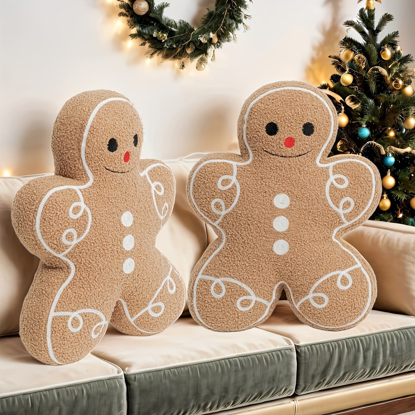 Christmas Gingerbread Man Throw Pillow - Plush Soft Decorative Cushion with Icing-Like Patterns, Classic Holiday Decor for Sofa Bed Living Room, Festive Gingerbread-Shaped Accent Pillow (No Batteries/Electricity/Battery-F