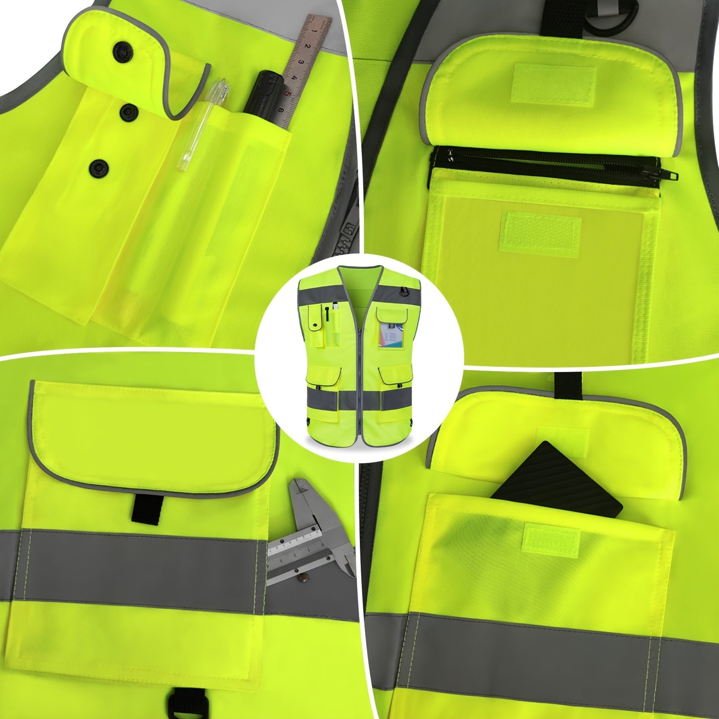 [High-Visibility Safety Vest] ANSI/ISEA Certified High-Visibility Reflective Safety Vest - Bright Yellow with 9 Pockets, Durable 120g Polyester Fabric, TCCFCCT Safety Vest for Men & Women, Ideal for Surveyors, Drivers & Wareh