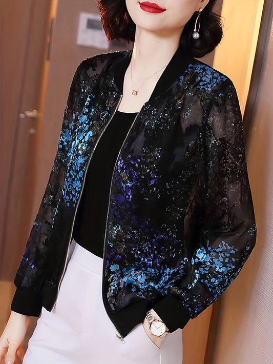 Floral Print Zip Up Lightweight Jacket, Casual Long Sleeve Baseball Collar Outerwear For Spring & Summer, Women's Clothing