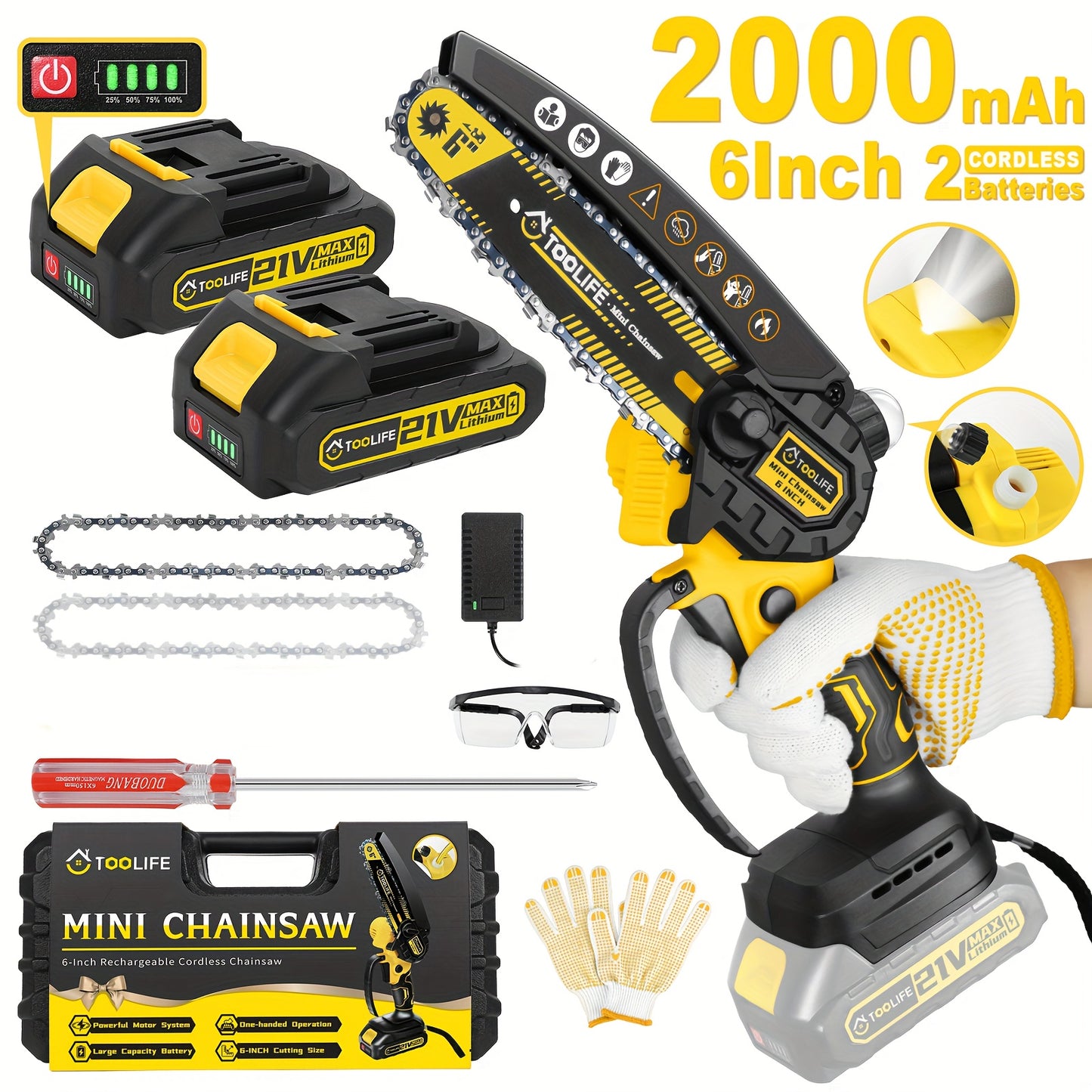 Mini Chainsaw Cordless, 6 Inch Handheld Electric Portable Power Chainsaw, 2 Rechargeable Batteries And Toolbox, Tree Trimming Wood Working & Cutting. Courtyard, Household, Survival Outdoor Tools. Gardening Supplies & Equipmen