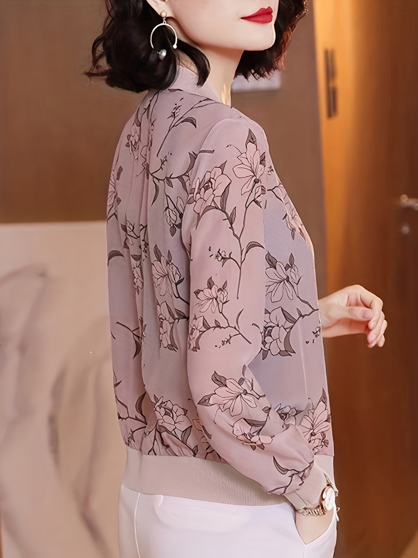 Floral Print Zip Up Lightweight Jacket, Casual Long Sleeve Baseball Collar Outerwear For Spring & Summer, Women's Clothing