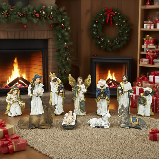 11pcs Colorful Christmas Nativity Scene Set, Hand-Painted Resin Figurines for Holiday and Religious Decorations, Perfect Gift Box, Christmas Ornaments, Resin Christmas Tree Home Decor, Santa Claus Decoration, Traditional Nati