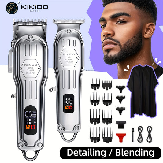 KIKIDO KK-2575T Men's Hair Clipper Set - 2-in-1, High-Speed, Zero Gap Blade, LCD Display, Rechargeable Wireless | 11 Limit Combs, Home & Salon Use