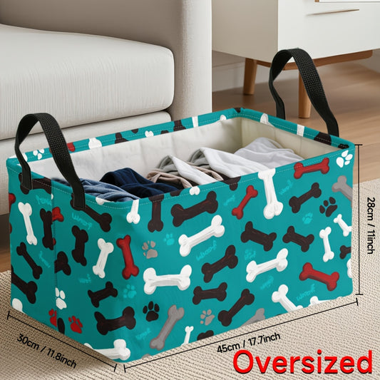 Pet Toy Organizer / 1pc Extra Large Teal Dog Paw Bones Pattern Storage Basket, Foldable Oxford Bin with Metal Frame