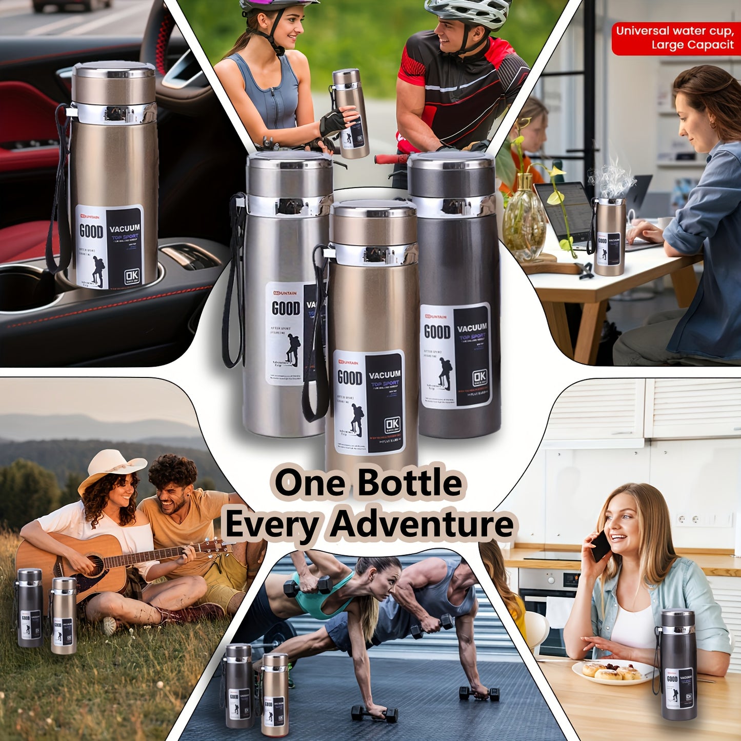 Hot / Cold Cup 33.81oz Large Capacity Insulated Cup with Leak-Proof Lid & Carry Strap - Double-Wall Vacuum Insulation for Hot/Cold Drinks, Glossy Finish, Durable & Lightweight Thermos for Camping, Gym, Travel, Hiking - Ideal Gift for Men &