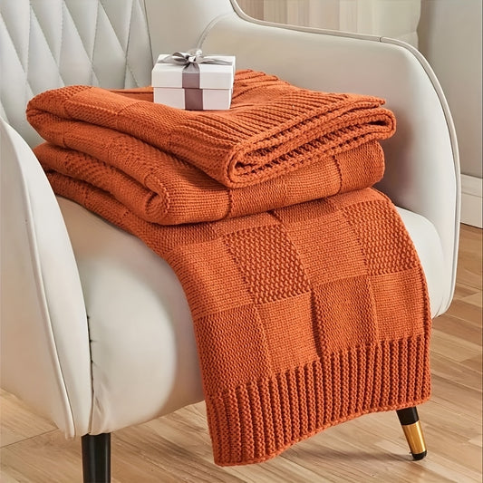 Nordic Style Grid-Pattern Blanket - Vibrant Orange All-Season Multi-Use Throw for Office, Sofa & Camping - Machine Washable Cozy Home Decor, Nordic Design, Textured Warmth