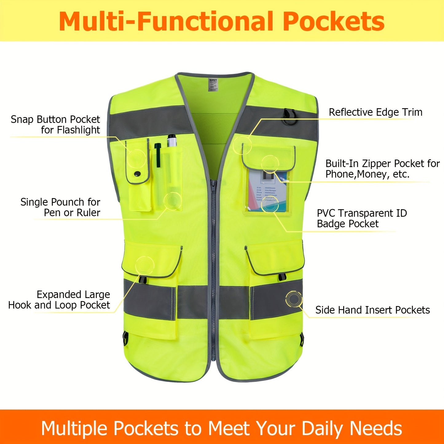[High-Visibility Safety Vest] ANSI/ISEA Certified High-Visibility Reflective Safety Vest - Bright Yellow with 9 Pockets, Durable 120g Polyester Fabric, TCCFCCT Safety Vest for Men & Women, Ideal for Surveyors, Drivers & Wareh