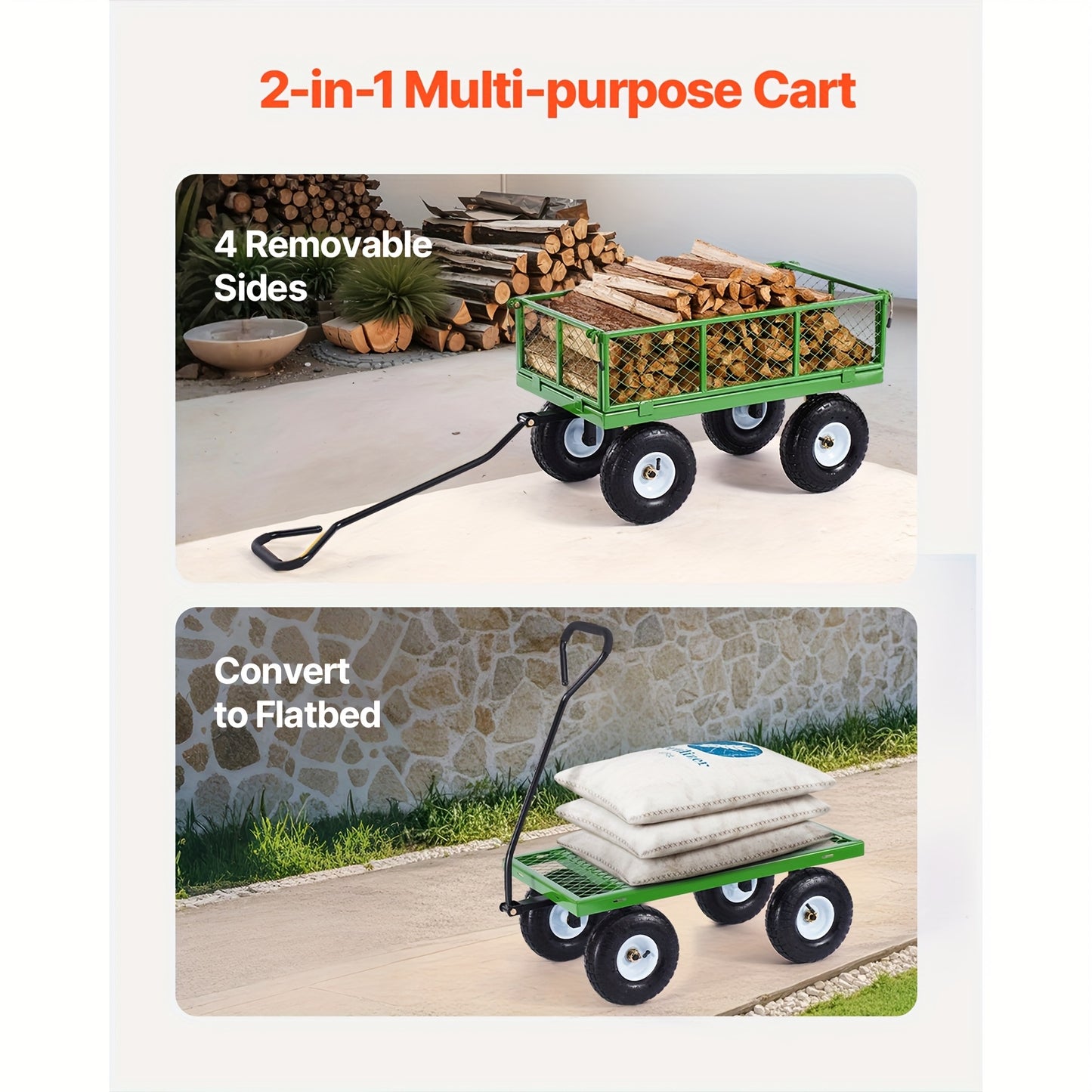 Happybuy 500/680/900/1200/1400 Lbs Steel Garden Cart On Wheels, Heavy Duty Pullable Garden Wagon, Metal Outdoor Utility Yard Cart With 10" Tires, Removable Mesh Sides And 180° Rotating Handle Green/ Yellow + Black