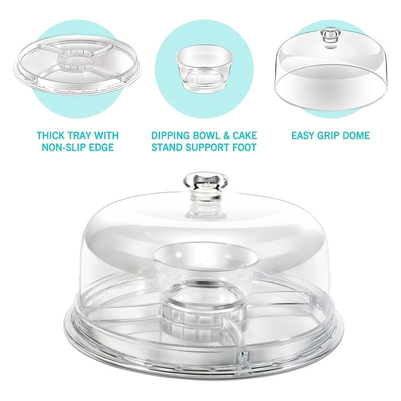 6-IN-1 Acrylic Cake Stand with Dome Lid - 12in Round Cake Holder Dessert Table Display Set & Charcuterie Board for Cakes, Desserts, Fruits, Snacks, Pastries, Appetizers, Cheese, Chips & Dips, Nachos, Fruit Platter Elegant Ped