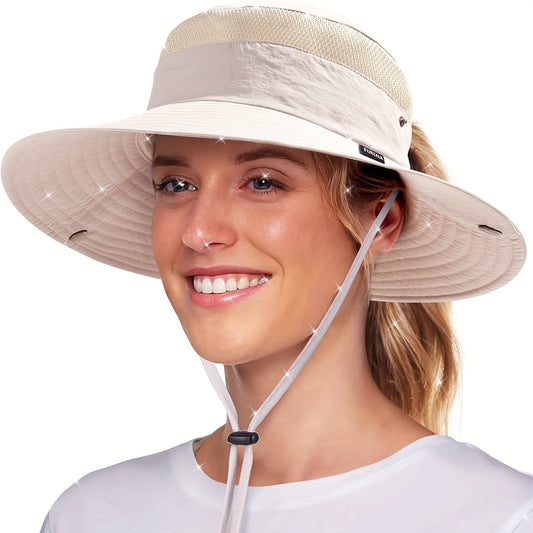 CAMPTRACE Women'S Wide Brim Sun Hat with Ponytail Hole - Breathable, Packable Design for Beach, Hiking & Safari, Lightweight Straw Cap, Beach Hat
