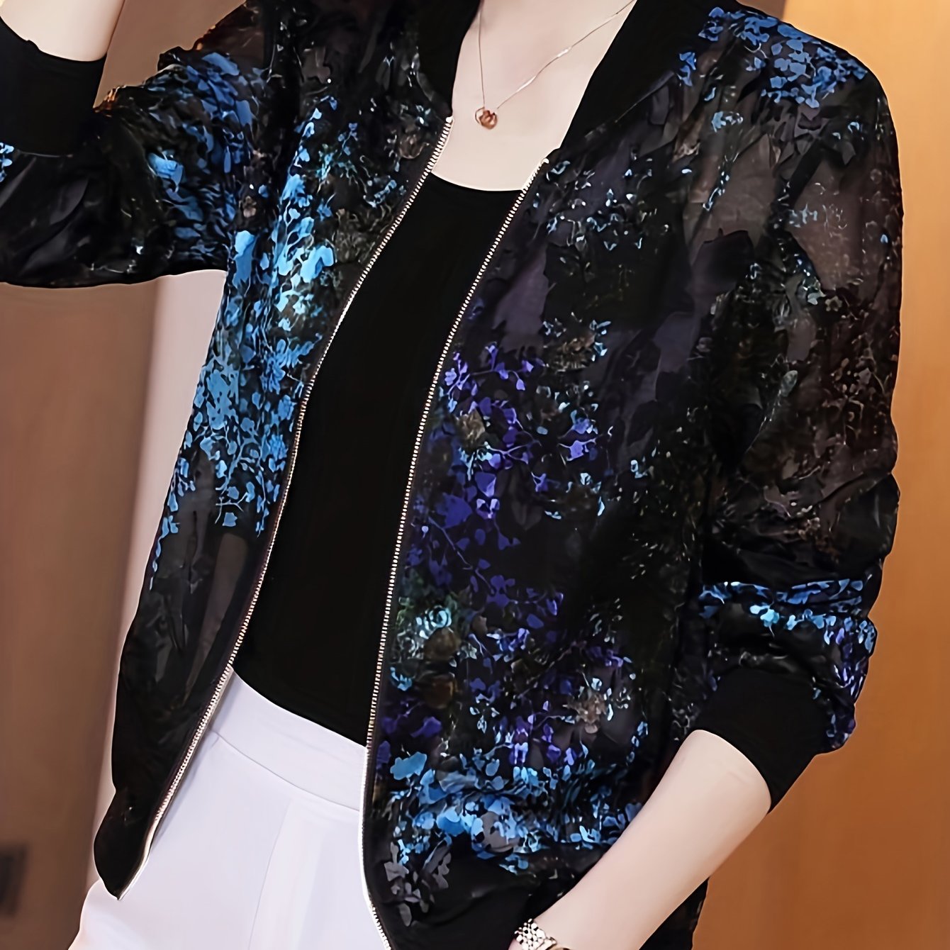 Floral Print Zip Up Lightweight Jacket, Casual Long Sleeve Baseball Collar Outerwear For Spring & Summer, Women's Clothing
