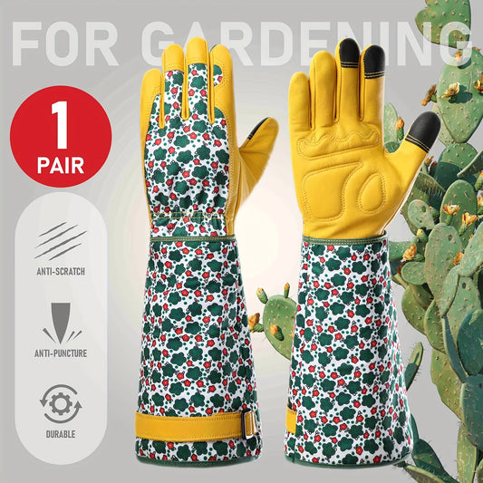 JOISIV Women's Long Gardening Gloves - Durable Green Floral Print, Thorn-Proof Gauntlet for Yard Work, Breathable Cowhide Design, Touchscreen Compatible, Perfect for Gardening and Outdoor Activities (Pair), Garden Tools