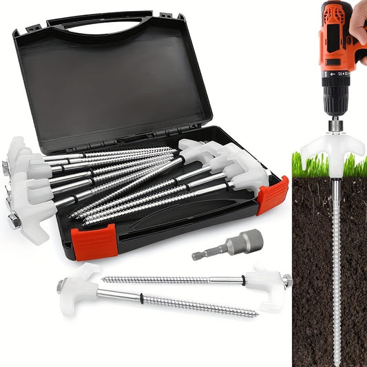 12pcs Heavy Duty Tent Stakes - 8" Ground Anchors - Metal Threaded Tent Stakes, With Storage Box