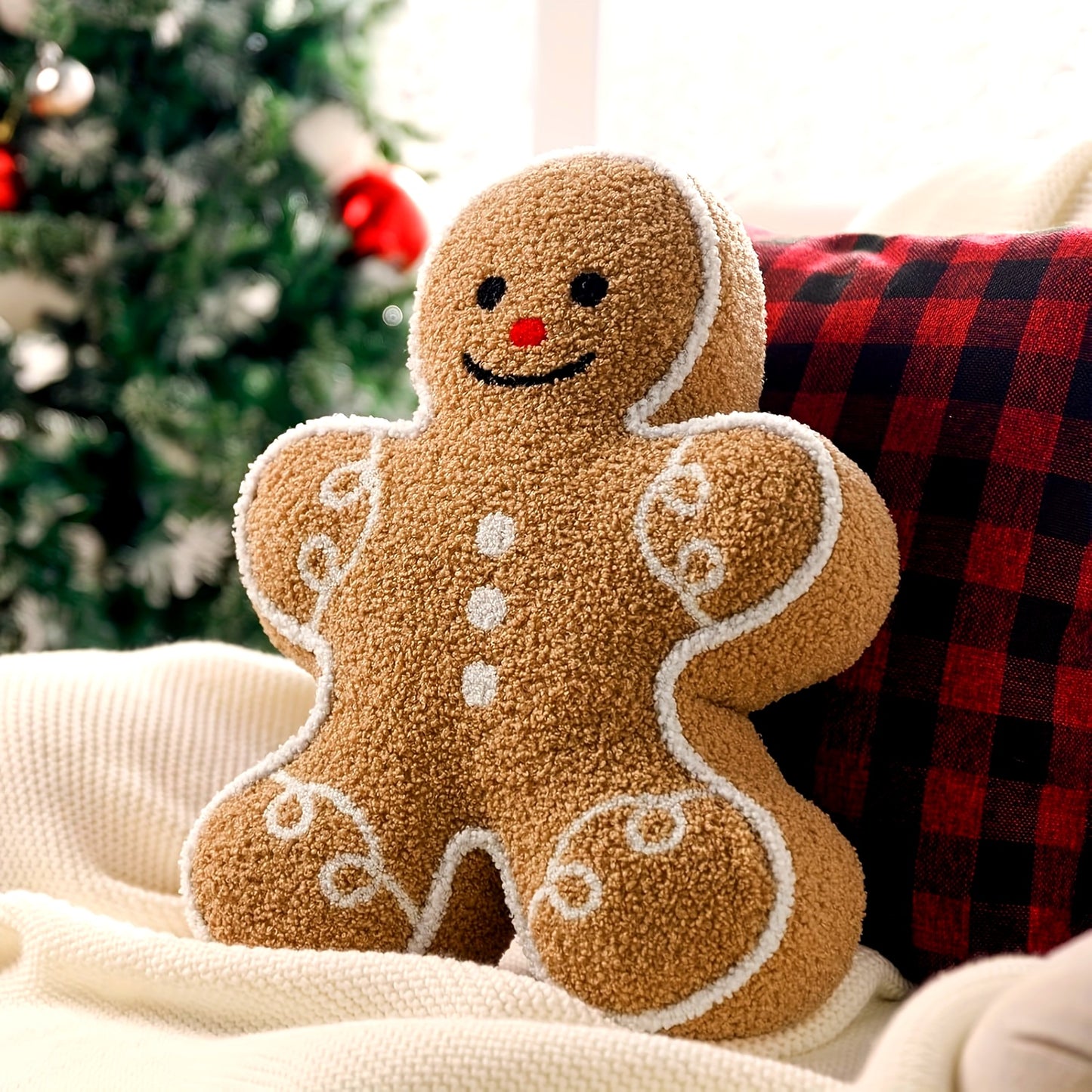 Christmas Gingerbread Man Throw Pillow - Plush Soft Decorative Cushion with Icing-Like Patterns, Classic Holiday Decor for Sofa Bed Living Room, Festive Gingerbread-Shaped Accent Pillow (No Batteries/Electricity/Battery-F