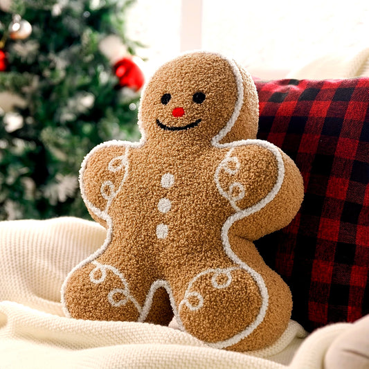 Christmas Gingerbread Man Throw Pillow - Plush Soft Decorative Cushion with Icing-Like Patterns, Classic Holiday Decor for Sofa Bed Living Room, Festive Gingerbread-Shaped Accent Pillow (No Batteries/Electricity/Battery-F