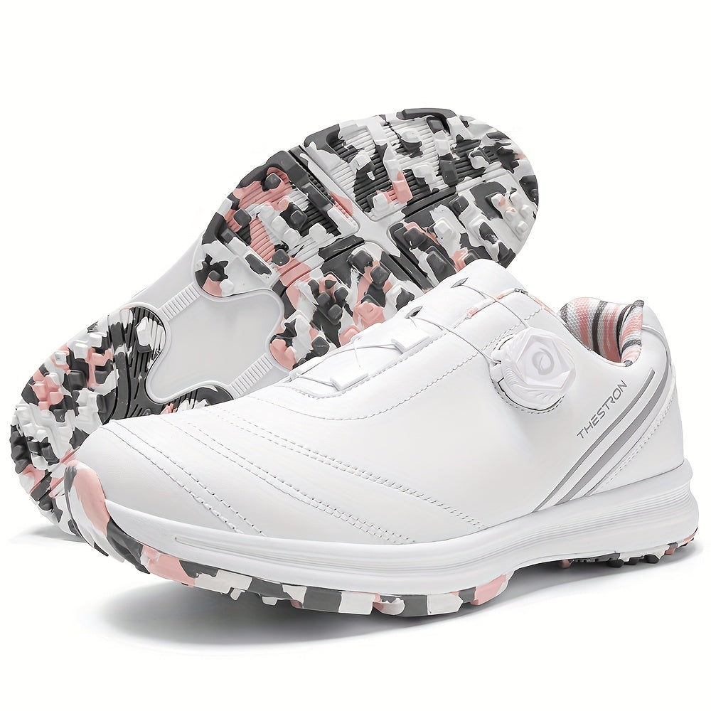 Golf Shoes, THESTRON Women's Professional Golf Shoes - Anti-Slip, All-Season, Large Size 36-43, White & Pink Design with Geometric Pattern, Durable PU Upper & Rubber Sole for Outdoor Golf Training, Ladies Golf Shoes