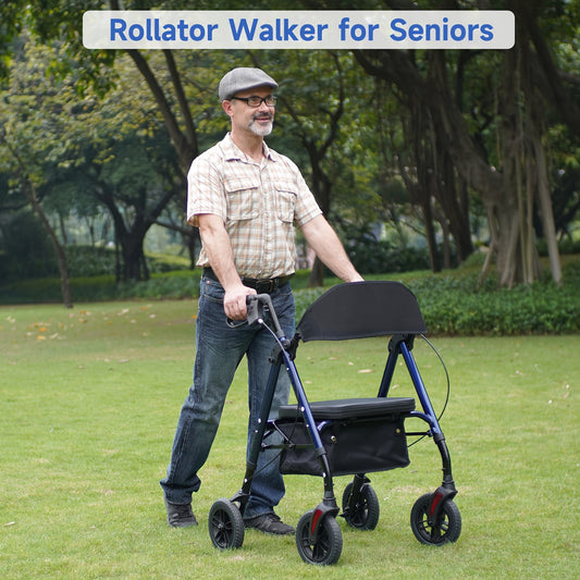 "8"" Inch Big Wheel All-Terrain Rollator Walker with Tray, Padded Seat & Backrest, Under-Seat Basket for Seniors"