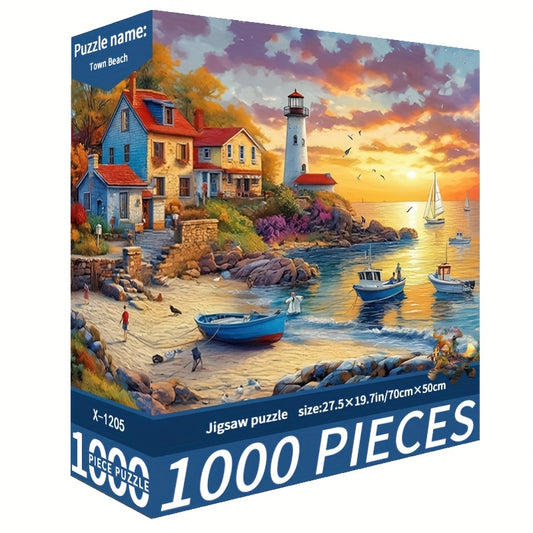 1000pcs Beach Sunset Jigsaw Puzzle - Town Scene 27.56x19.69inch; Large Paper Puzzle for Adults & Families - Perfect for Relaxation