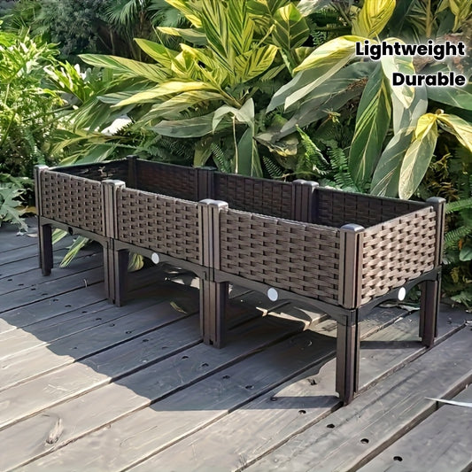 3pcs Elevated Garden Beds with Legs - Classic Woven Black Plastic Planter Boxes, Lightweight & Durable Multi-Component Design for Outdoor Flowers, Vegetables, Herbs - Raised Bed Gardening for Improved Drainage & Pest Protecti