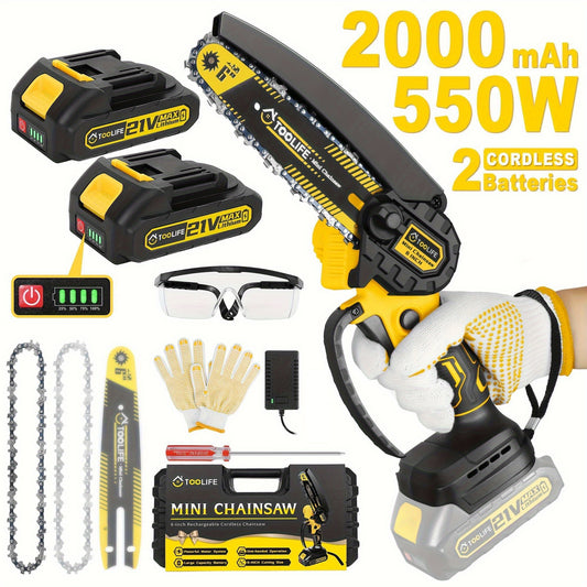 Mini Chainsaw Cordless, 6 Inch Handheld Electric Portable Power Chainsaw, 2 Rechargeable Batteries And Toolbox, Tree Trimming Wood Working & Cutting. Courtyard, Household, Survival Outdoor Tools. Gardening Supplies & Equipmen