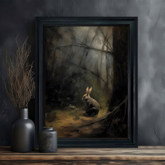 Vintage Golden or Black Framed Rabbit Canvas Art - Retro Dark Preppy Wildlife Painting, 11.8" x 15.7" Wall Decor, Perfect Gift for Family & Friends, Cozy Forest Scene with Rabbit Illustration, 2D Flat, Perfect for Room Decor