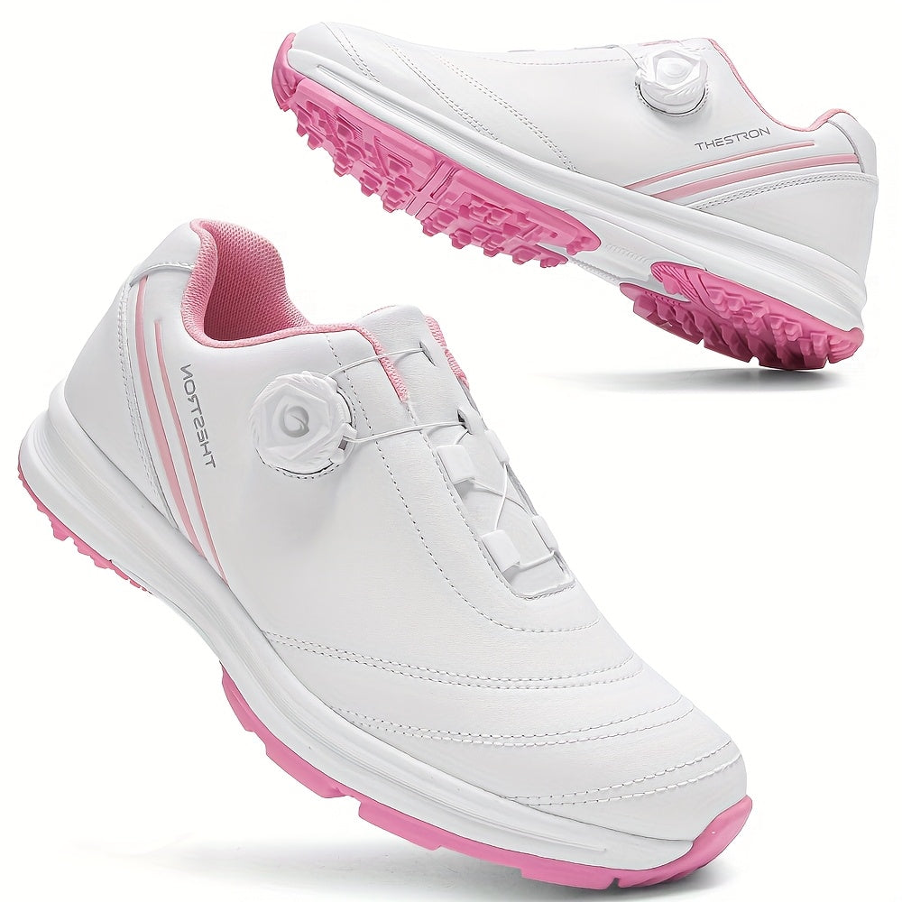 Golf Shoes, THESTRON Women's Professional Golf Shoes - Anti-Slip, All-Season, Large Size 36-43, White & Pink Design with Geometric Pattern, Durable PU Upper & Rubber Sole for Outdoor Golf Training, Ladies Golf Shoes
