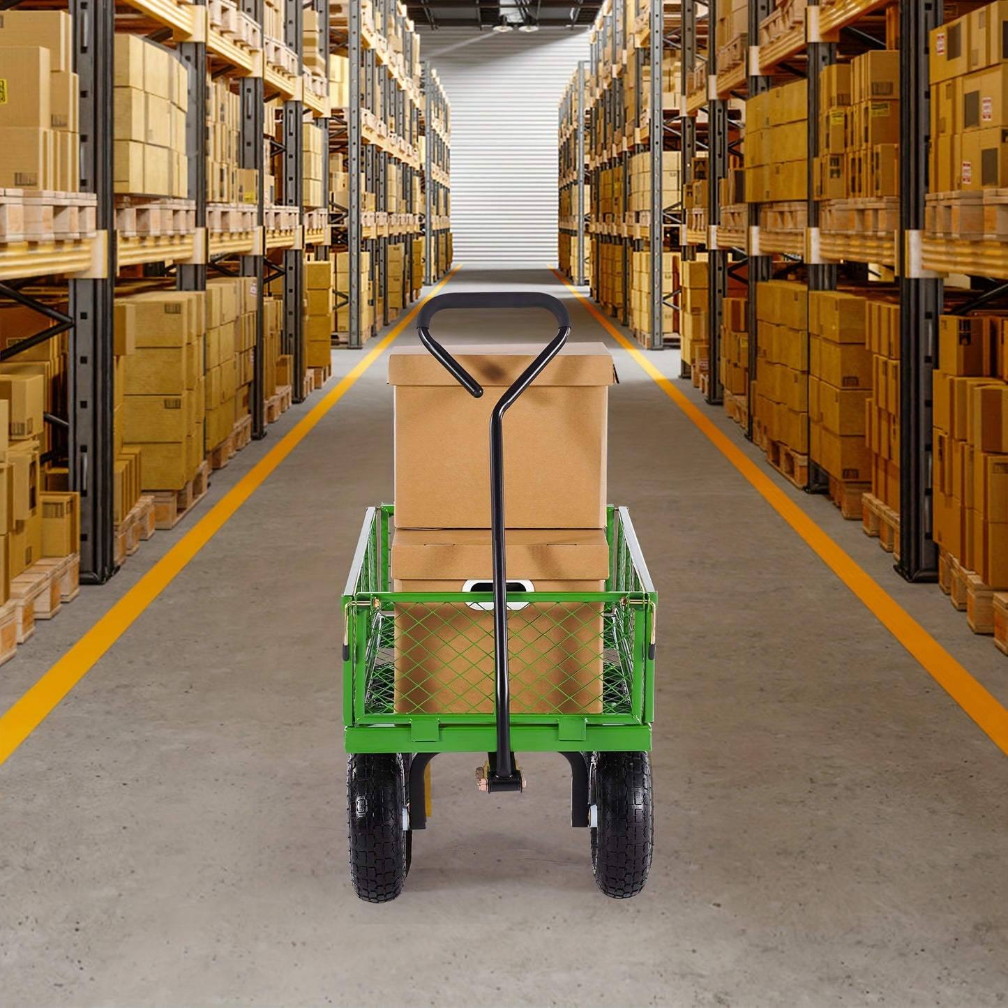 Happybuy 500/680/900/1200/1400 Lbs Steel Garden Cart On Wheels, Heavy Duty Pullable Garden Wagon, Metal Outdoor Utility Yard Cart With 10" Tires, Removable Mesh Sides And 180° Rotating Handle Green/ Yellow + Black