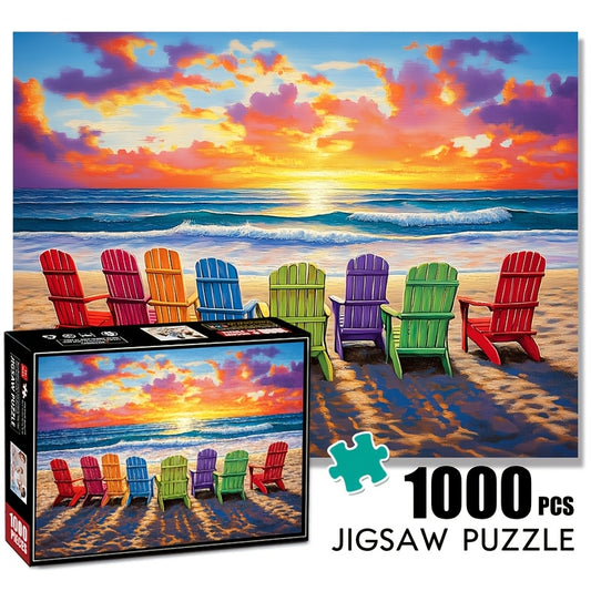 1000pcs Colorful Beach Chair Jigsaw Puzzle - Vibrant Coastal Scene with Red, Green, Blue & Yellow Chairs on Sandy Beach - Large Puzzle - Perfect Gift for Family fun