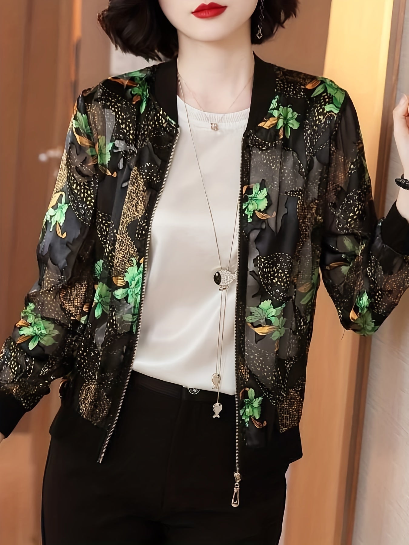 Floral Print Zip Up Lightweight Jacket, Casual Long Sleeve Baseball Collar Outerwear For Spring & Summer, Women's Clothing