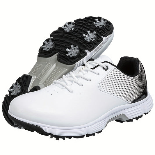Men'S Golf Shoes with Waterproof Rubber Sole, Large Size, White and Yellow, Lace-Up, Non-Slip, All-Season Sports Footwear for Outdoor Activities, Casual Style, Solid Color, Fabric Inner and Insole, Rubber Sole, THESTRON Brand