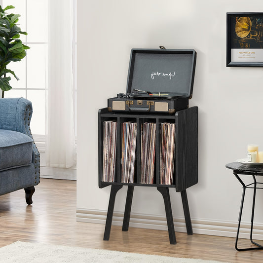 Record Player Stand, Black Vinyl Record Storage Table With 4 Cabinet Up To 100 Albums, Mid-Century Turntable Stand With Wood Legs, Vinyl Holder Display Shelf For Lab