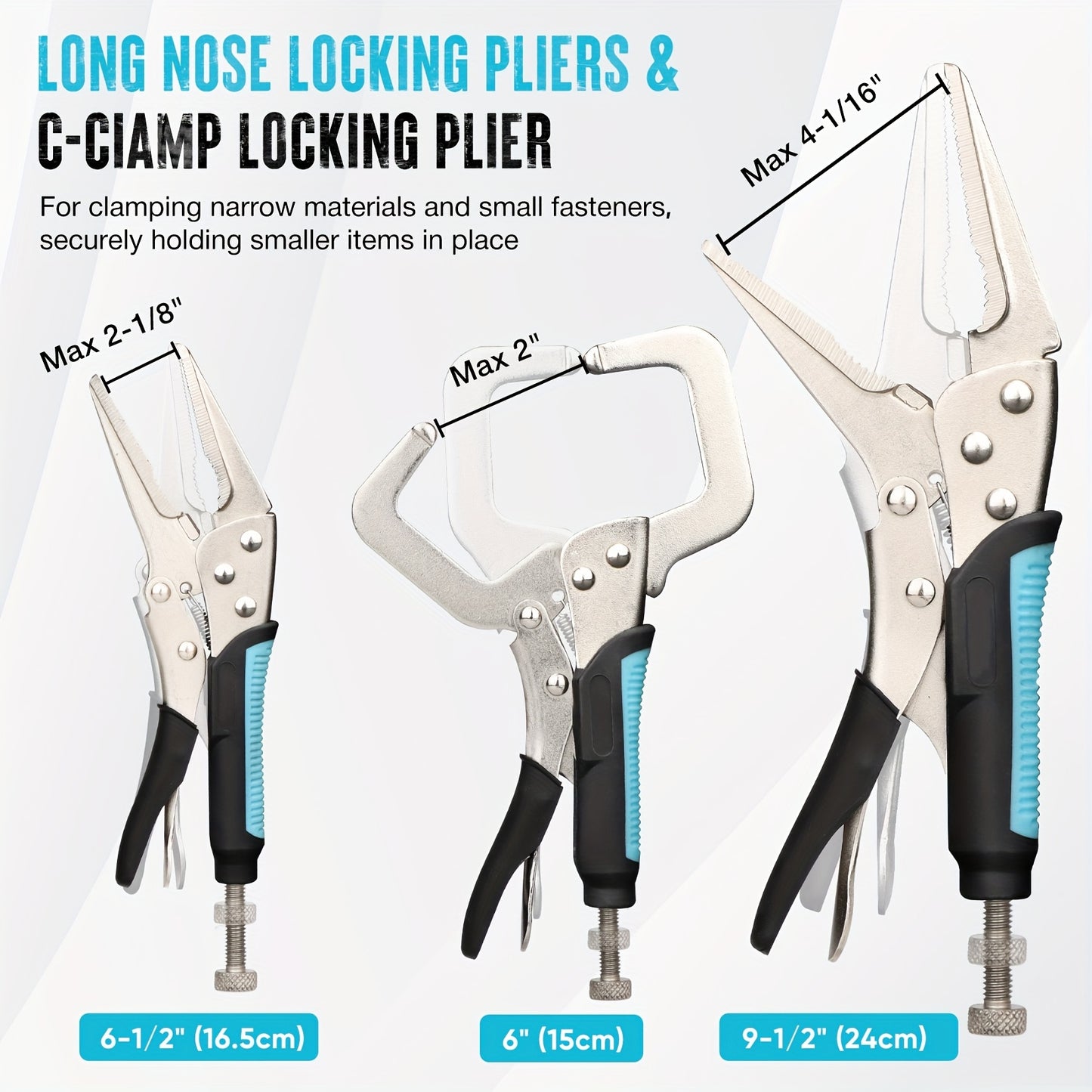 Vice Grips / 6pcs Locking Pliers, Vice Grips Pliers Set, 5", 7" & 10" Curved Jaw Locking Pliers, 6-1/2" & 9-1/2 Long Nose Locking Pliers, 6" Locking C-Clamp, Two-Color TPR Handle, Roll Up Pouch Included