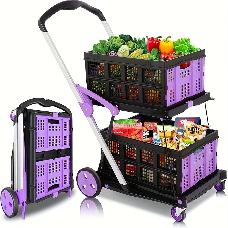 2-Tier Folding Utility Cart with Wheels - Pink & Black Aluminum Shopping Trolley, Double-Collapse Design for Groceries, Malls, and Outdoor Use, Grocery Cart, Mall Shopping, Modern Cart, Durable Construction