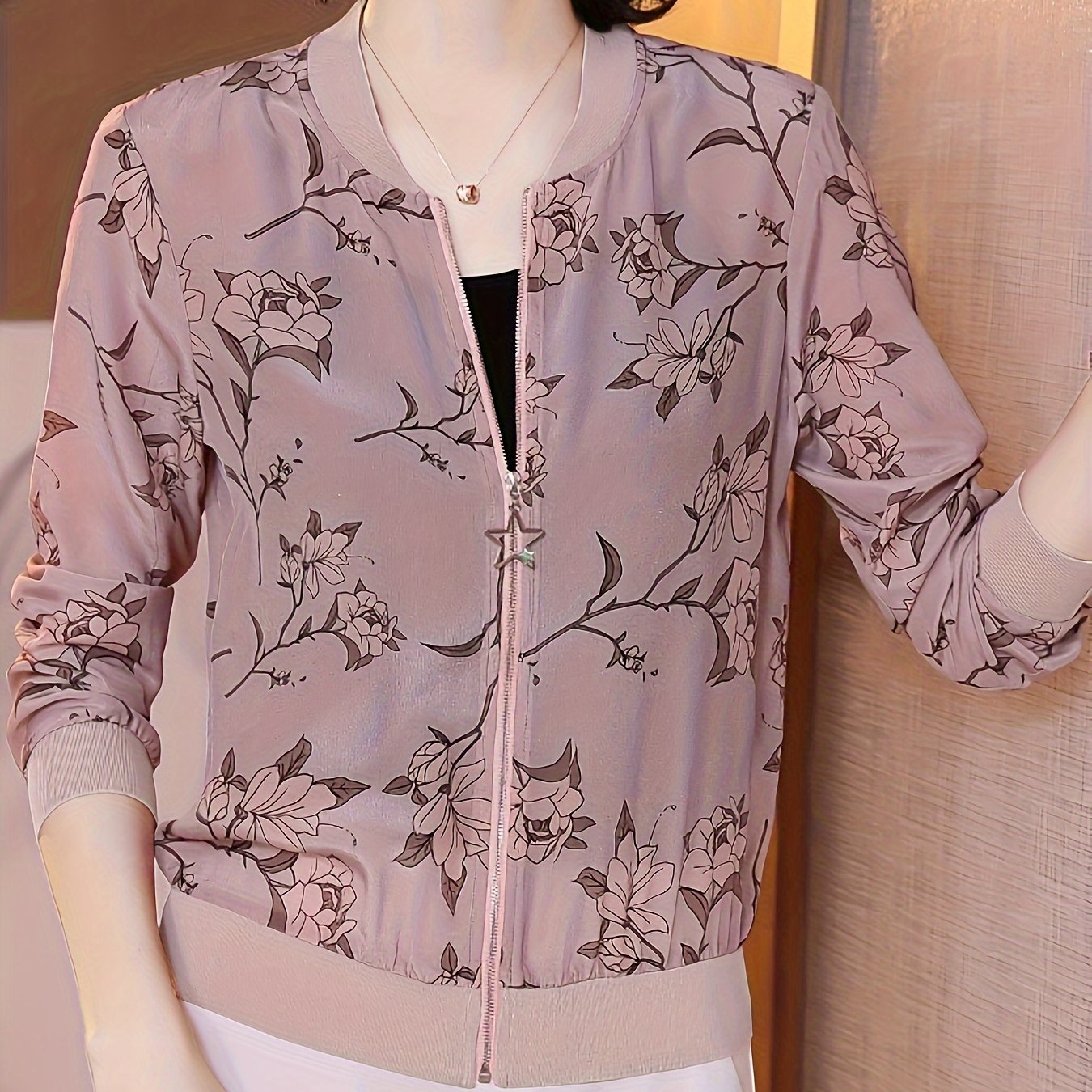 Floral Print Zip Up Lightweight Jacket, Casual Long Sleeve Baseball Collar Outerwear For Spring & Summer, Women's Clothing