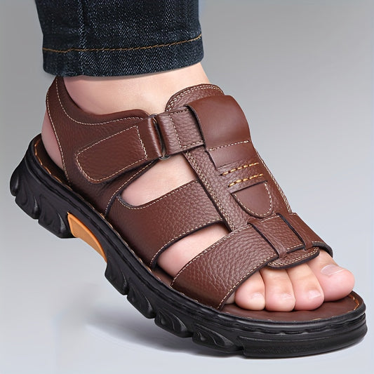 2023 New Men's Genuine Leather Casual Beach Sandals - Slip-On Adjustable Straps, Soft PU Sole, Breathable Summer Vacation Shoes for Driving & Outdoor Activities (Solid Color), Summer Sandals