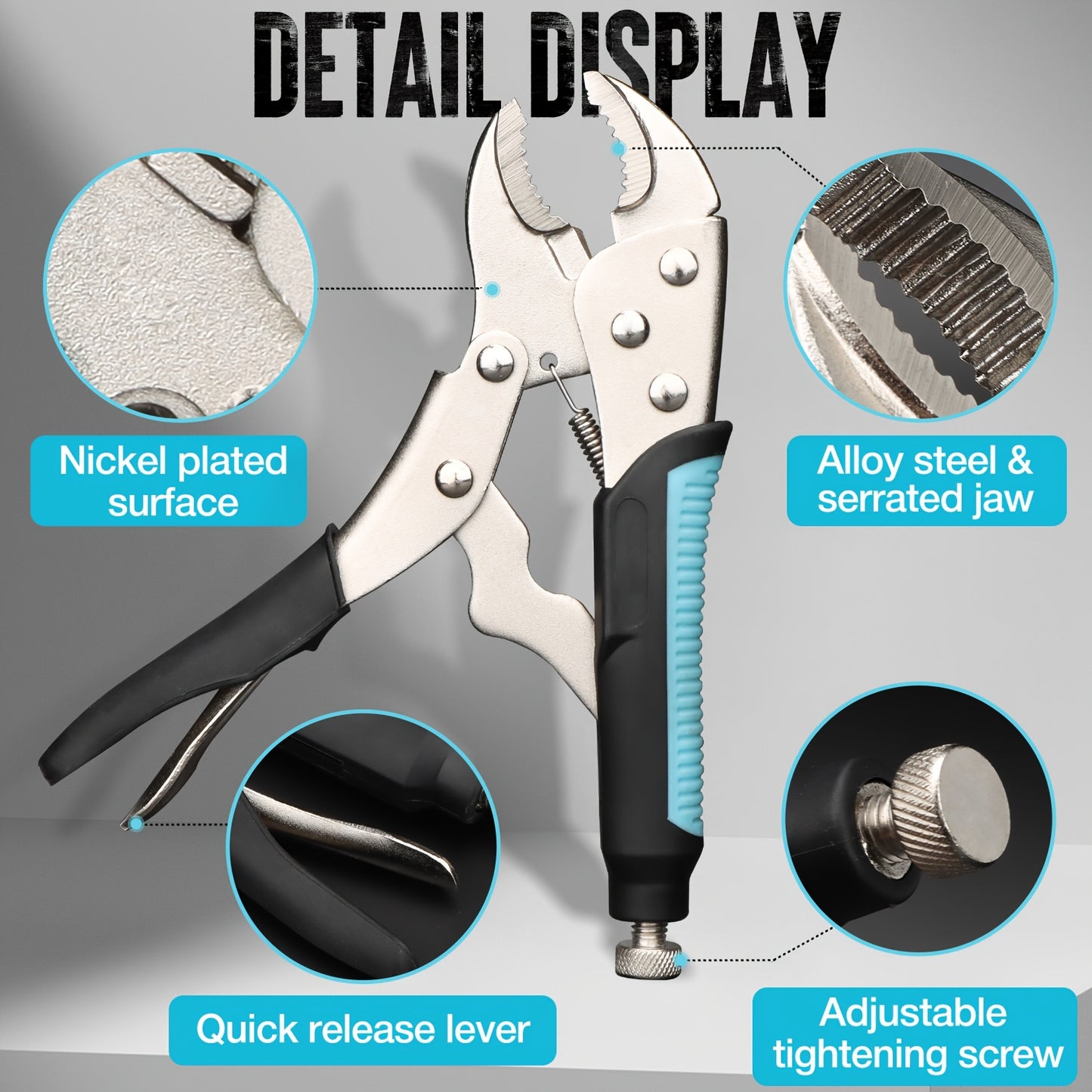 Vice Grips / 6pcs Locking Pliers, Vice Grips Pliers Set, 5", 7" & 10" Curved Jaw Locking Pliers, 6-1/2" & 9-1/2 Long Nose Locking Pliers, 6" Locking C-Clamp, Two-Color TPR Handle, Roll Up Pouch Included