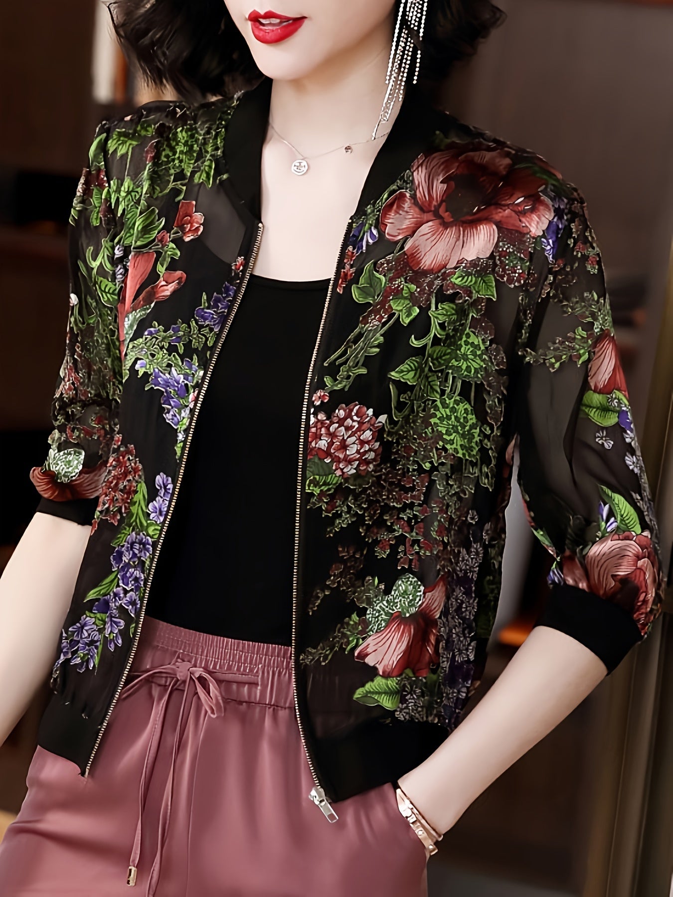 Floral Print Zip Up Lightweight Jacket, Casual Long Sleeve Baseball Collar Outerwear For Spring & Summer, Women's Clothing