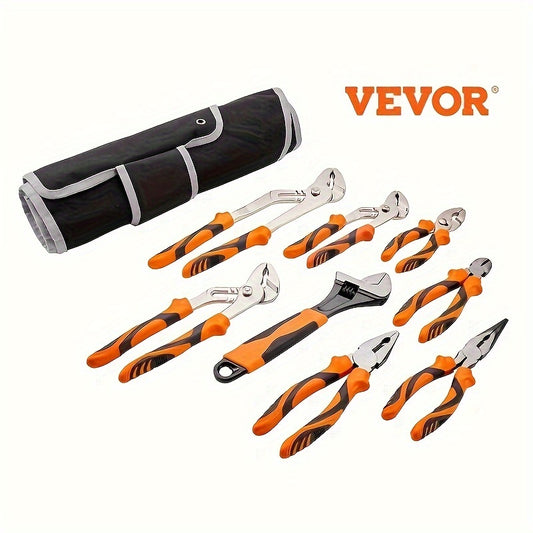 VEVOR 8-Piece Pliers Set, High Carbon Steel, 12"/10"/8" Groove Joint Pliers, 8" Linesman's Pliers, 6" Slip Joint Pliers, 8" Long Nose Pliers, 6" Diagonal Cutter, 10" Adjustable Wrench, And Tool Bag