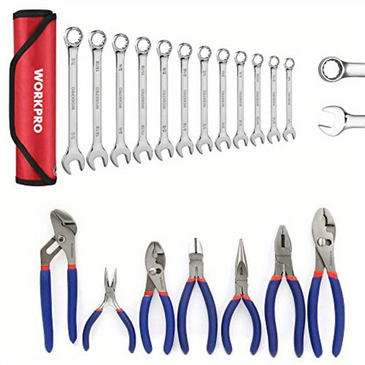 WORKPRO 7pcs Pliers Set + WORKPRO 12pcs Premium Combination Wrench Set SAE, Metal Material, Industrial Hand Tools, Power & Hand Tools, with Screwdrivers, Pliers, and Wrenches for Home Improvement and Professional Use, Home Im