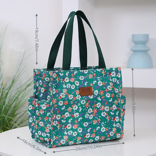 DLIU Vintage Floral Nylon Tote Bag - Large Capacity, Zippered, Foldable Work & Shopping Handbag with Shoulder Strap, Ideal for School, Office, and Everyday Use, School Bag | Floral Pattern Bag | Sturdy Handle Bag