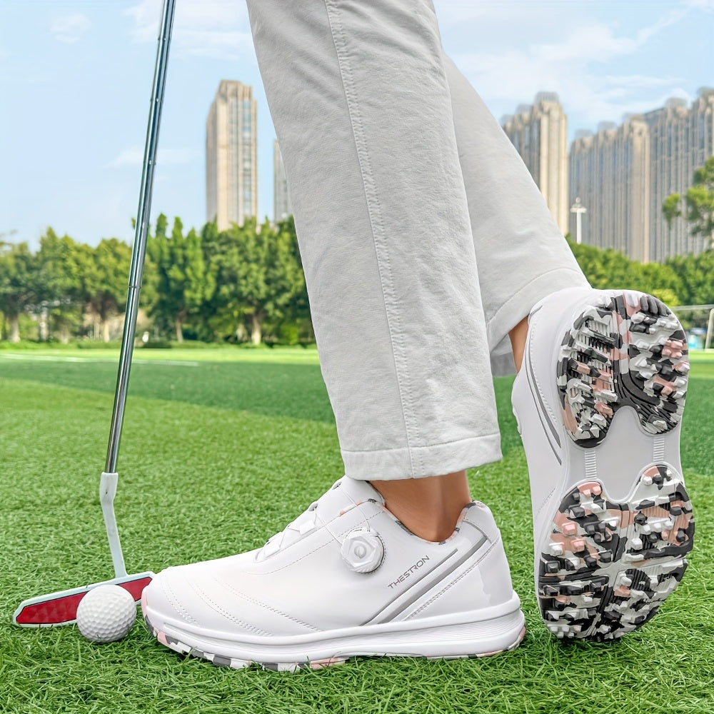 Golf Shoes, THESTRON Women's Professional Golf Shoes - Anti-Slip, All-Season, Large Size 36-43, White & Pink Design with Geometric Pattern, Durable PU Upper & Rubber Sole for Outdoor Golf Training, Ladies Golf Shoes