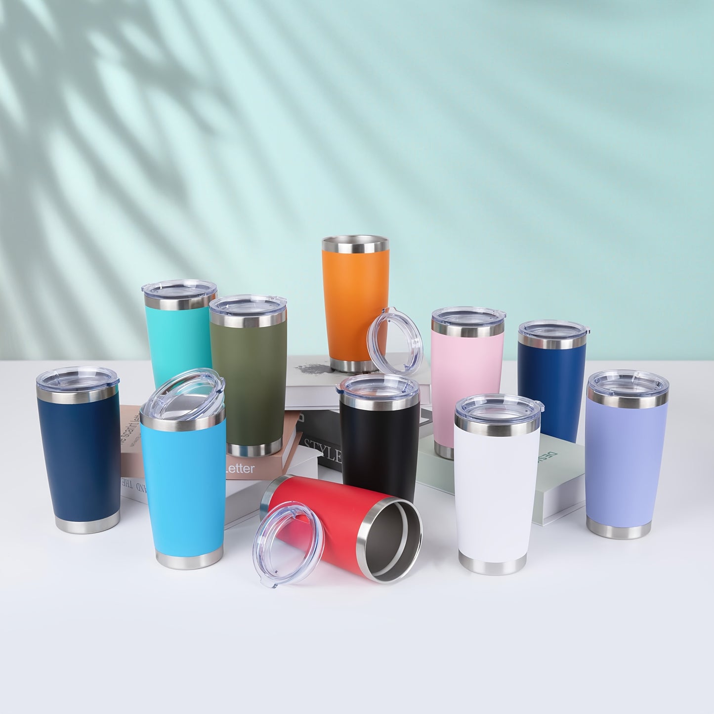Tumbler 20oz Stainless Steel Tumbler Bulk 8 Pack With Lid And Straw, Double Wall Vacuum Insulated Travel Mug, Powder Coated Coffee Cup