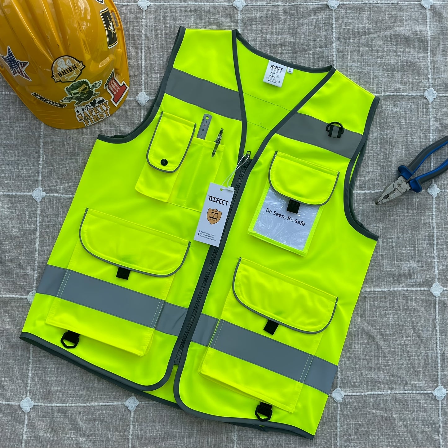 [High-Visibility Safety Vest] ANSI/ISEA Certified High-Visibility Reflective Safety Vest - Bright Yellow with 9 Pockets, Durable 120g Polyester Fabric, TCCFCCT Safety Vest for Men & Women, Ideal for Surveyors, Drivers & Wareh