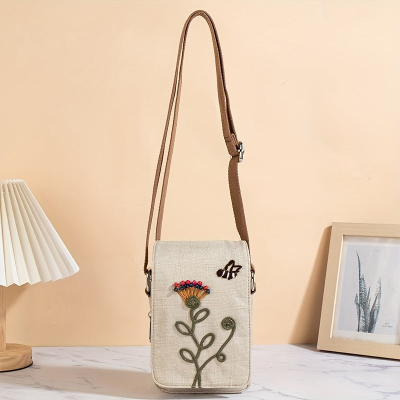 Women's Floral Design Phone Bag, Contrast Color Retro Style Crossbody Shoulder Bag With Adjustable Strap