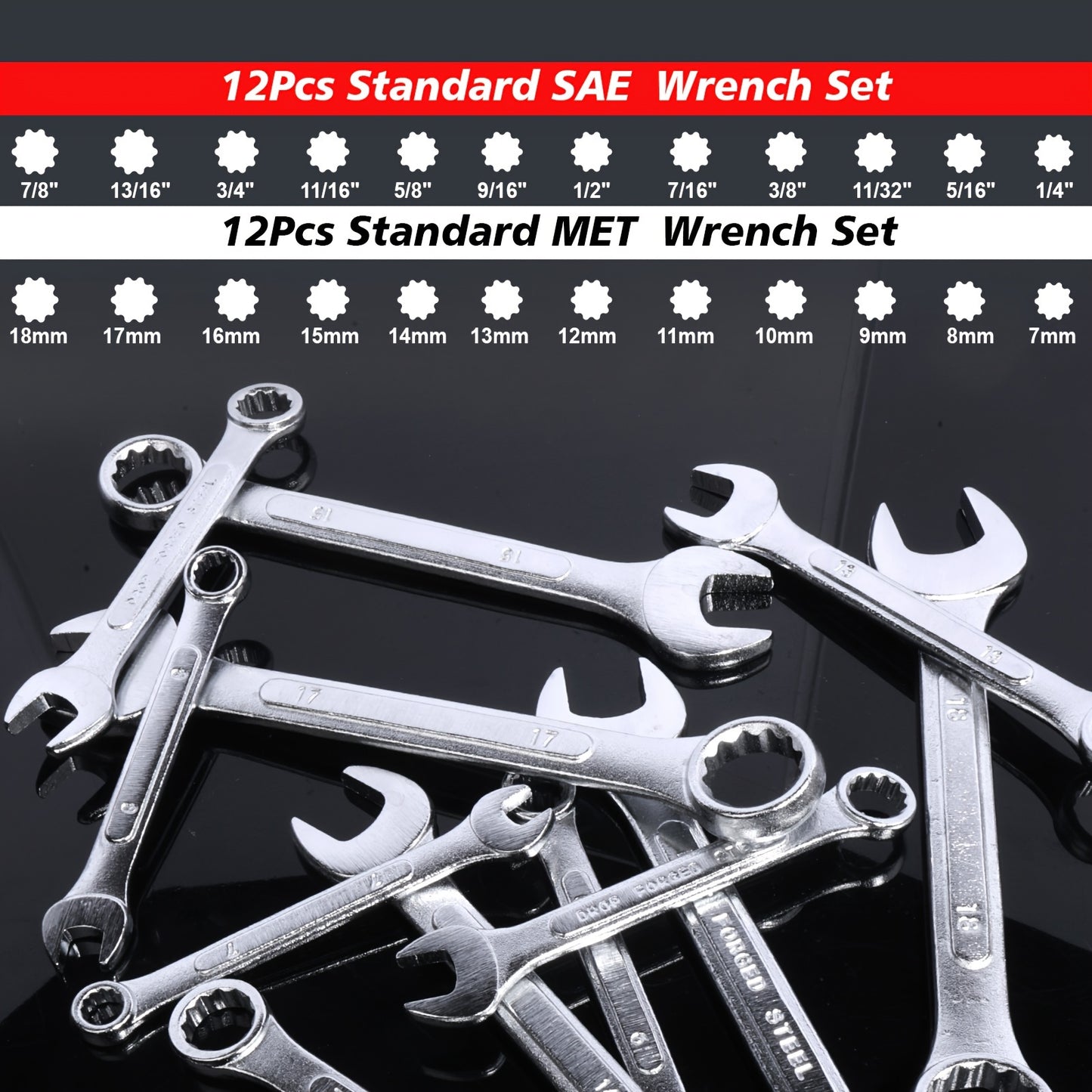 Wrenches / 12pcs Metric/12pcs SAE/24pcs All-Purpose Master Combination Wrench Set, SAE 1/4" to 7/8" Metric 11mm to 231mm Perfect for General Household, Garage, College Dormitory, Car Emergency, Boat and Much More