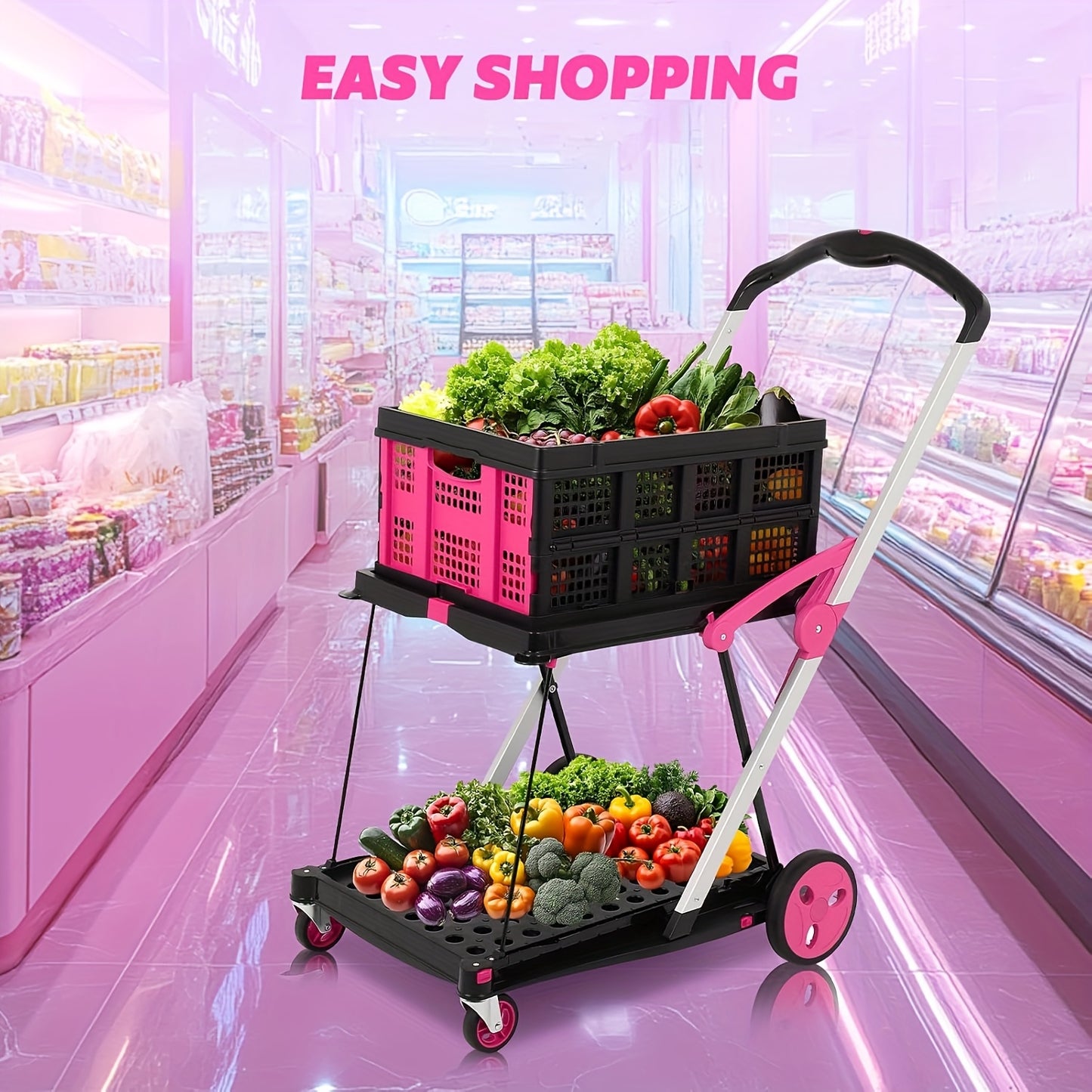 2-Tier Folding Utility Cart with Wheels - Pink & Black Aluminum Shopping Trolley, Double-Collapse Design for Groceries, Malls, and Outdoor Use, Grocery Cart, Mall Shopping, Modern Cart, Durable Construction